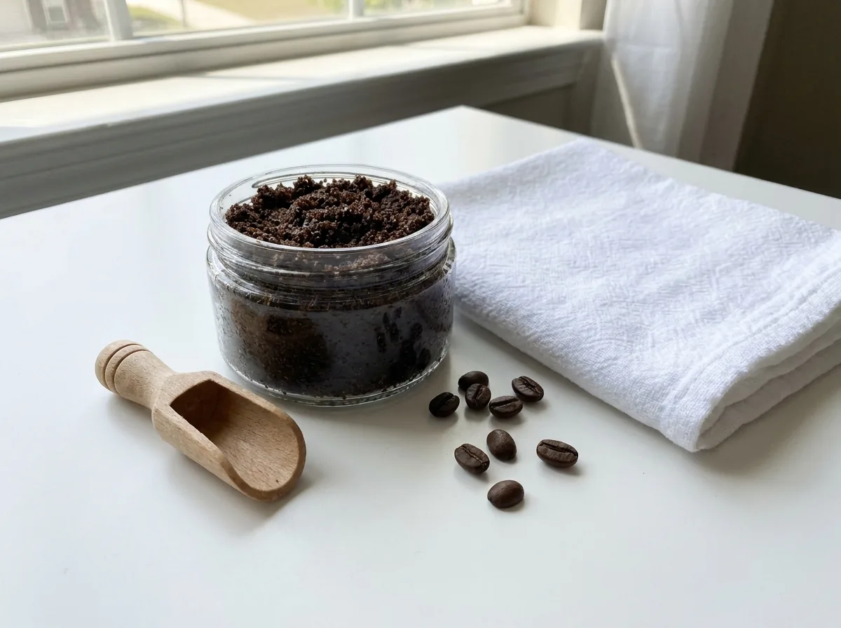 A glass jar of dark coffee body scrub with a wooden spoon on a bright table