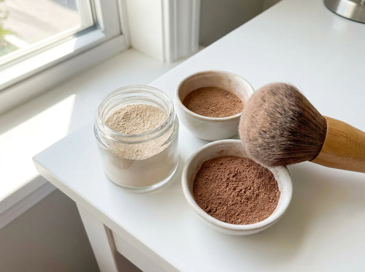 A small glass jar of pale powder with a soft makeup brush on a bright table