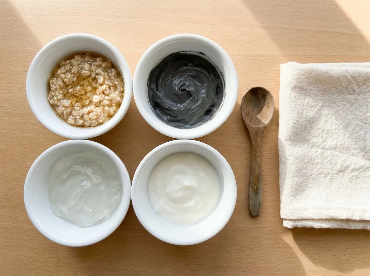 Small bowls of oatmeal and honey, clay, yoghurt and aloe gel face masks on a bright table