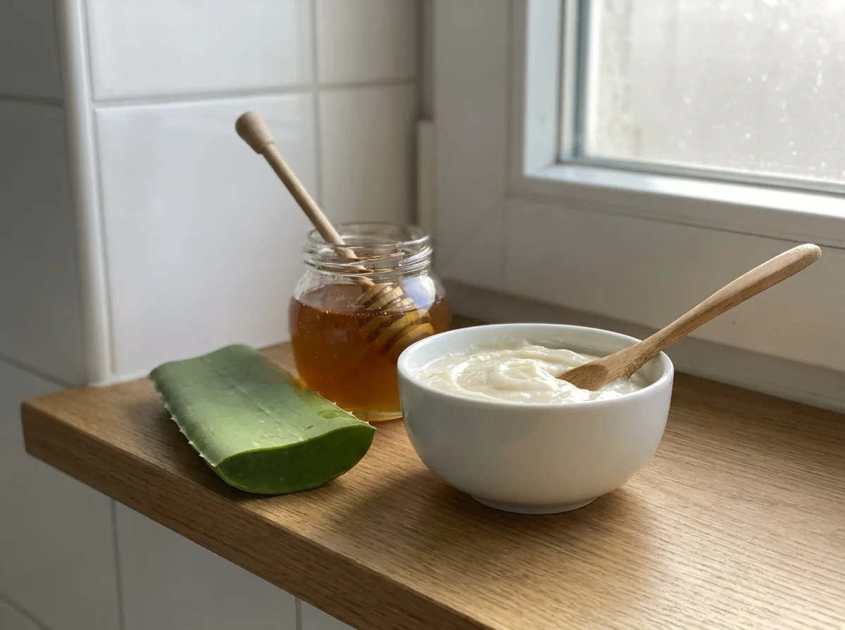 A small white bowl of creamy hair mask with a wooden spoon and a comb on a bright bathroom shelf