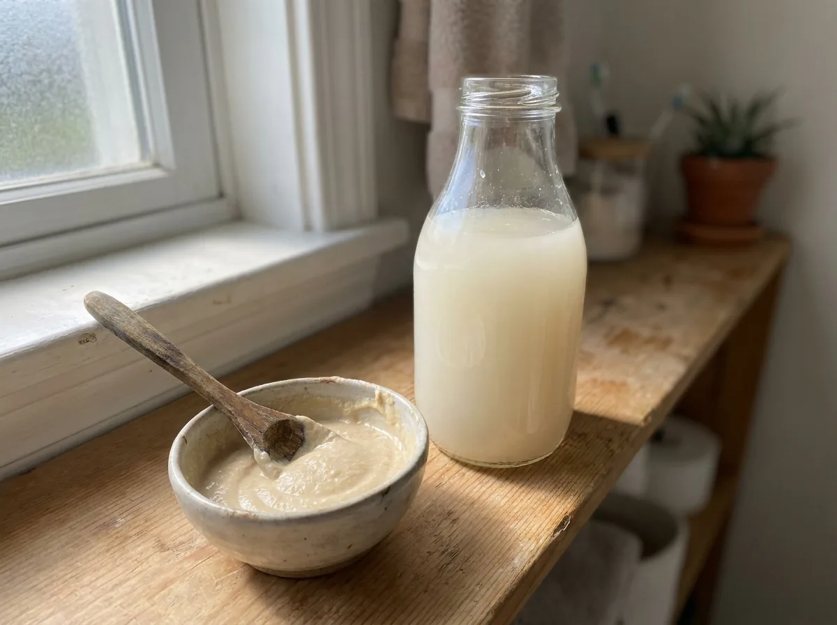 A clear glass bottle of pale homemade shampoo beside a small bowl of rye flour paste on a bright bathroom shelf