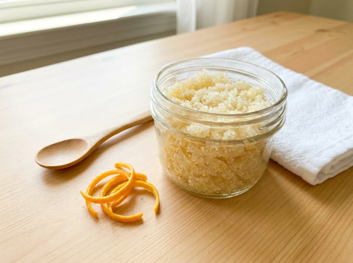 A glass jar of golden sugar scrub with a wooden spoon and a slice of orange on a bright table