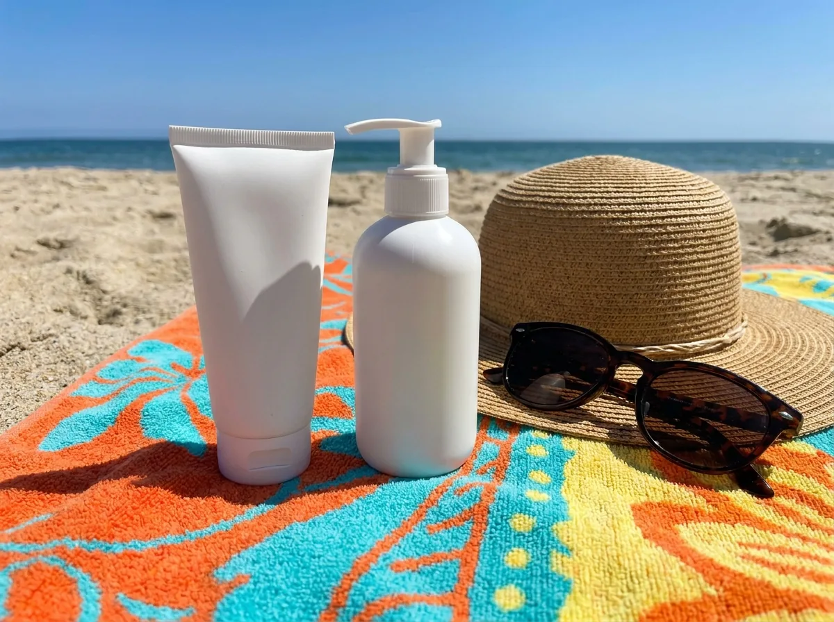 A tube and a pump bottle of white mineral sunscreen on a bright beach towel with a sun hat and sunglasses