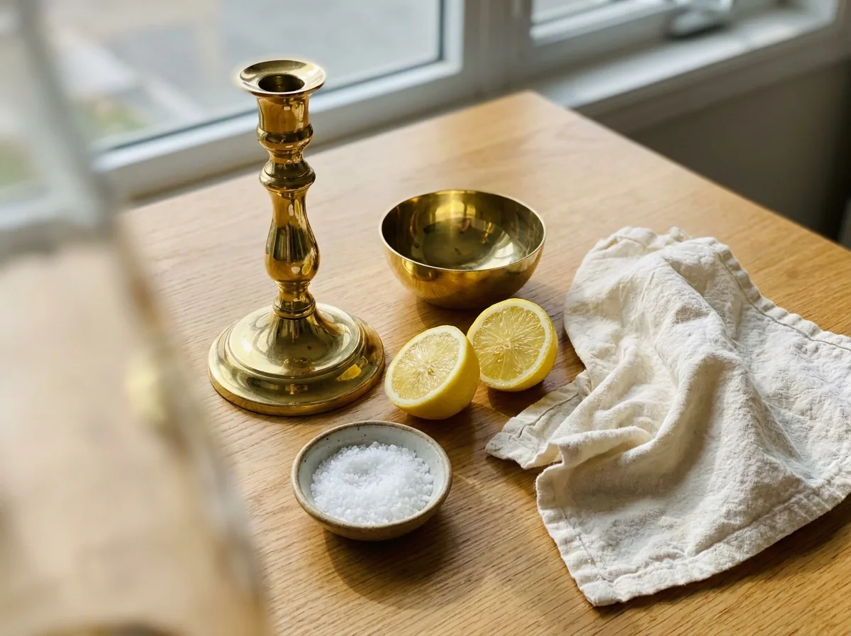 A polished brass candlestick and small bowl beside a cut lemon and a cloth on a bright table