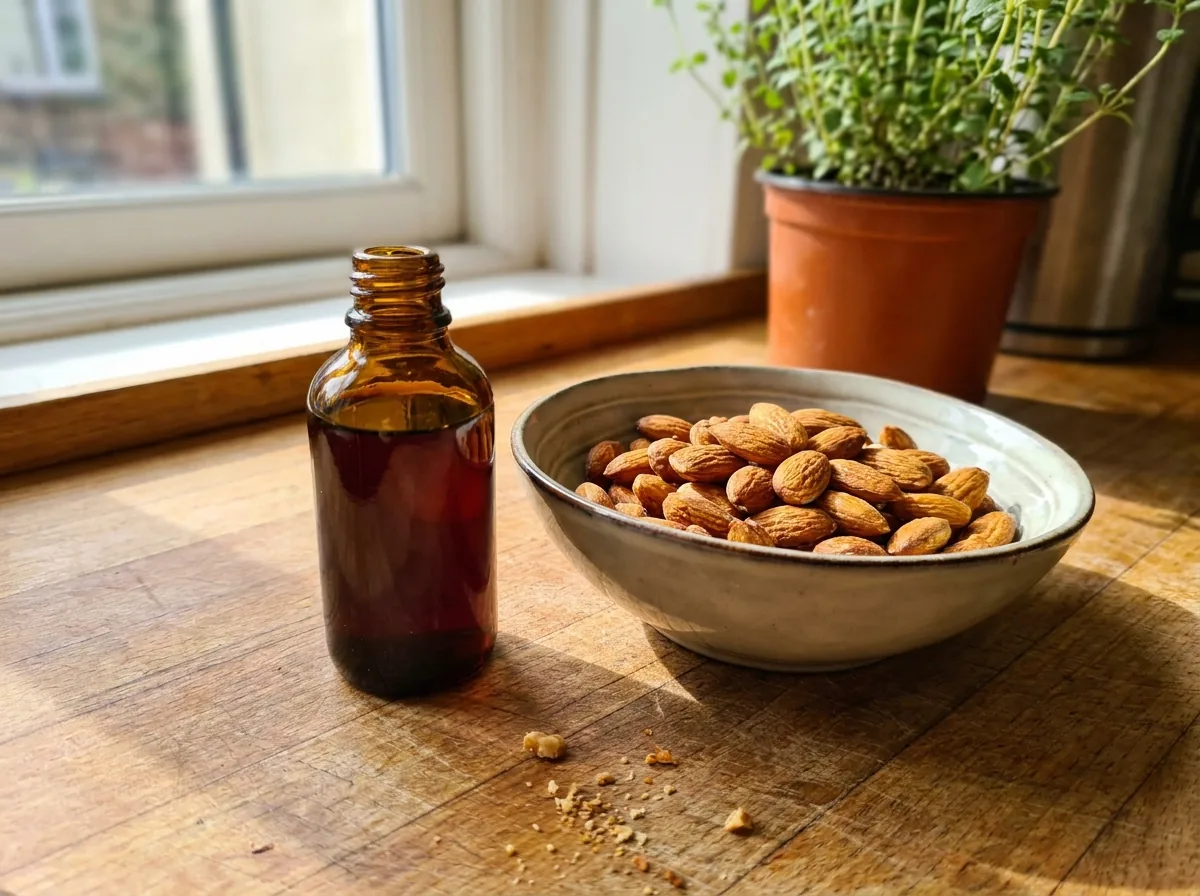 A small dark glass bottle of homemade almond extract beside a bowl of toasted almonds on a bright kitchen counter
