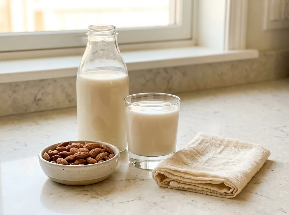 A glass bottle and a glass of creamy homemade almond milk with a small bowl of whole almonds on a bright kitchen counter