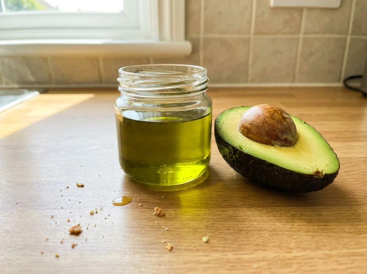 A small glass jar of green-gold homemade avocado oil beside a halved avocado on a bright kitchen counter