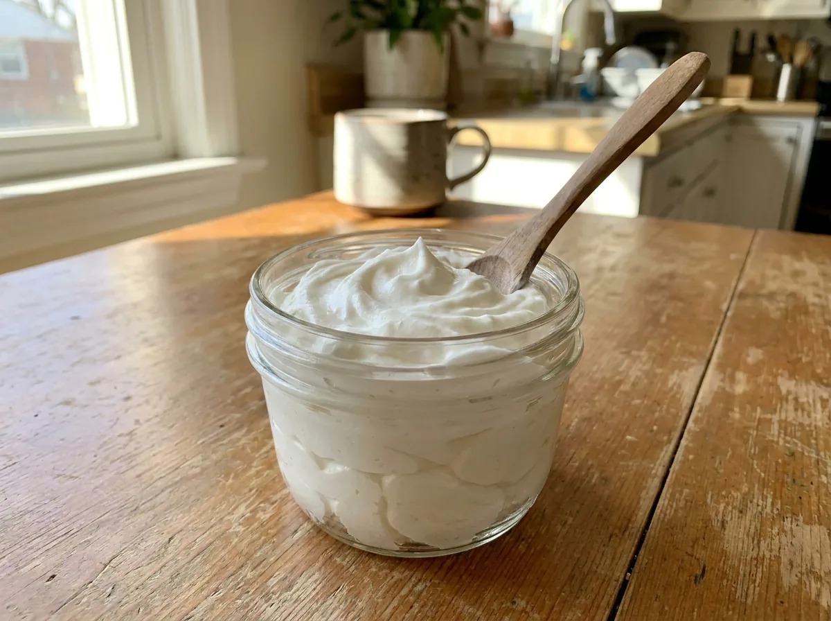A glass jar of fluffy whipped body butter with a wooden spoon on a bright table
