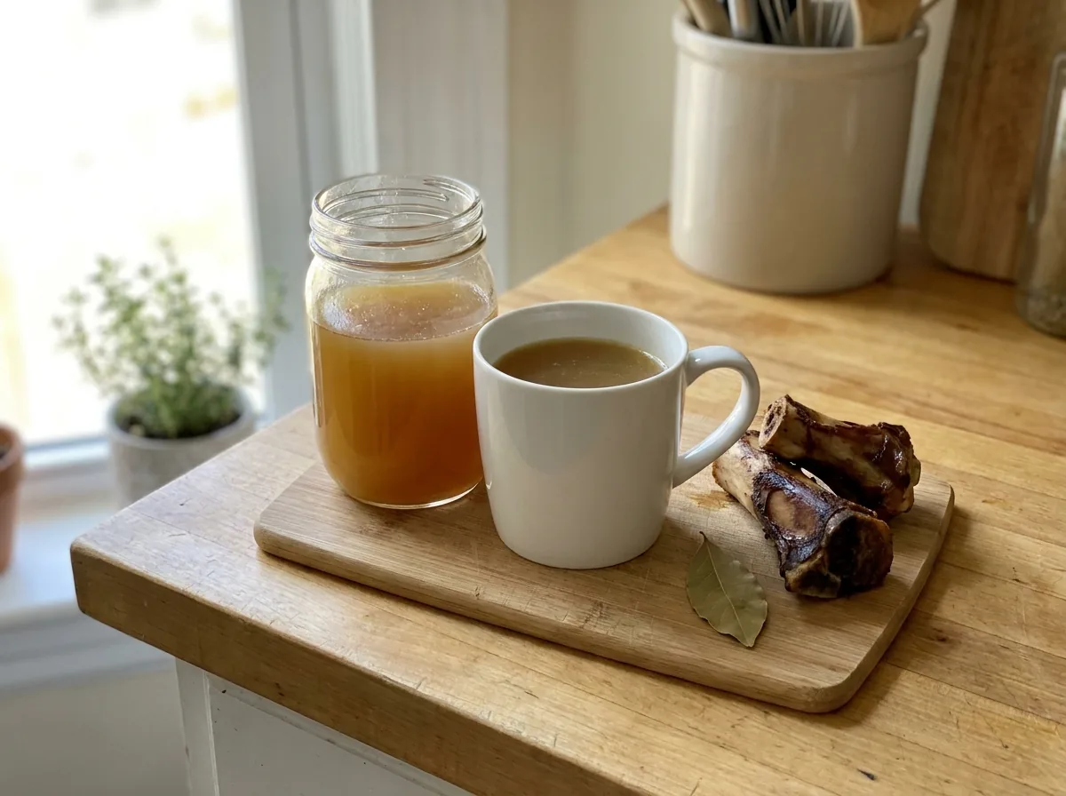 A glass jar and a mug of golden homemade bone broth on a bright kitchen counter