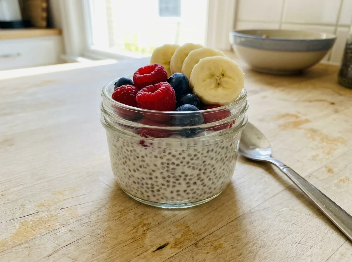 A glass jar of creamy homemade chia pudding topped with fresh berries and sliced banana on a bright kitchen counter