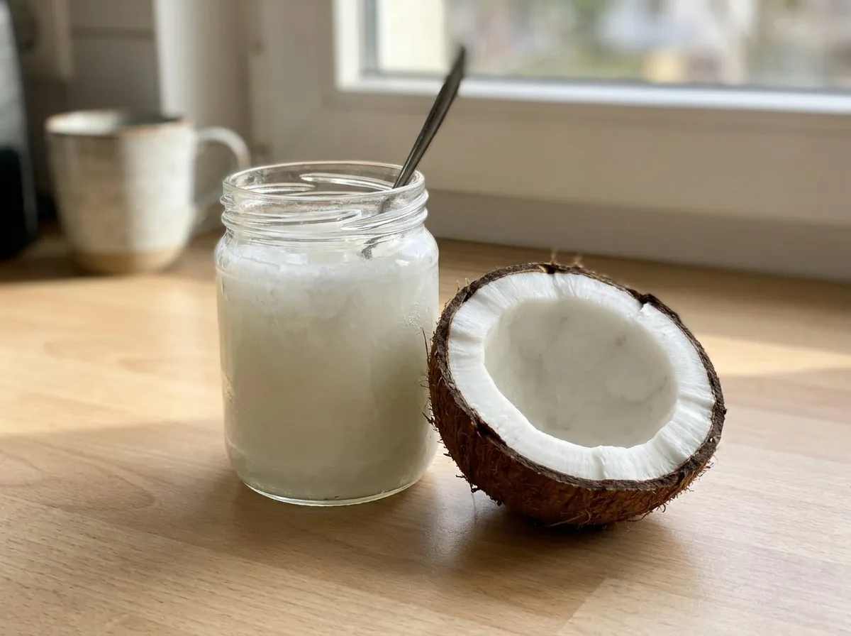 A clear glass jar of homemade coconut oil next to a halved fresh coconut on a bright kitchen counter