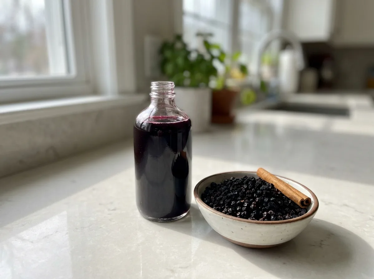 A glass bottle of dark purple homemade elderberry syrup beside a small bowl of dried elderberries on a bright kitchen counter