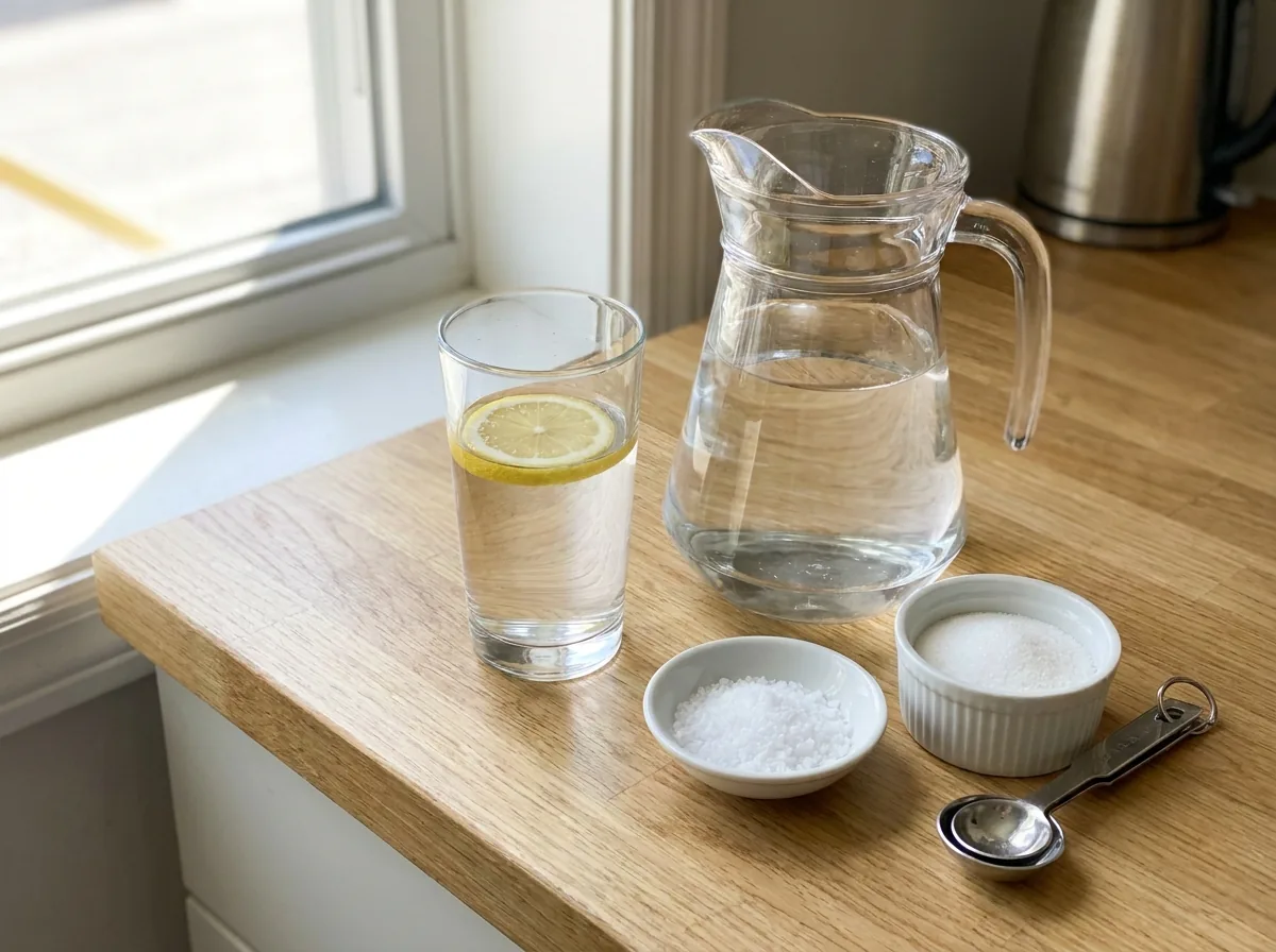 A glass jug and a glass of clear homemade electrolyte drink with a lemon slice beside small bowls of salt and sugar on a bright kitchen counter
