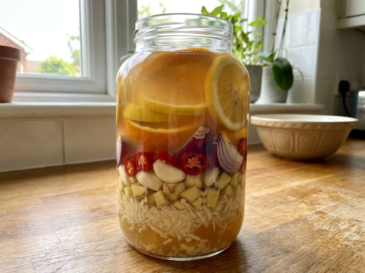 A glass jar of homemade fire cider with horseradish, ginger, garlic, chillies and citrus slices steeping in vinegar on a bright kitchen counter