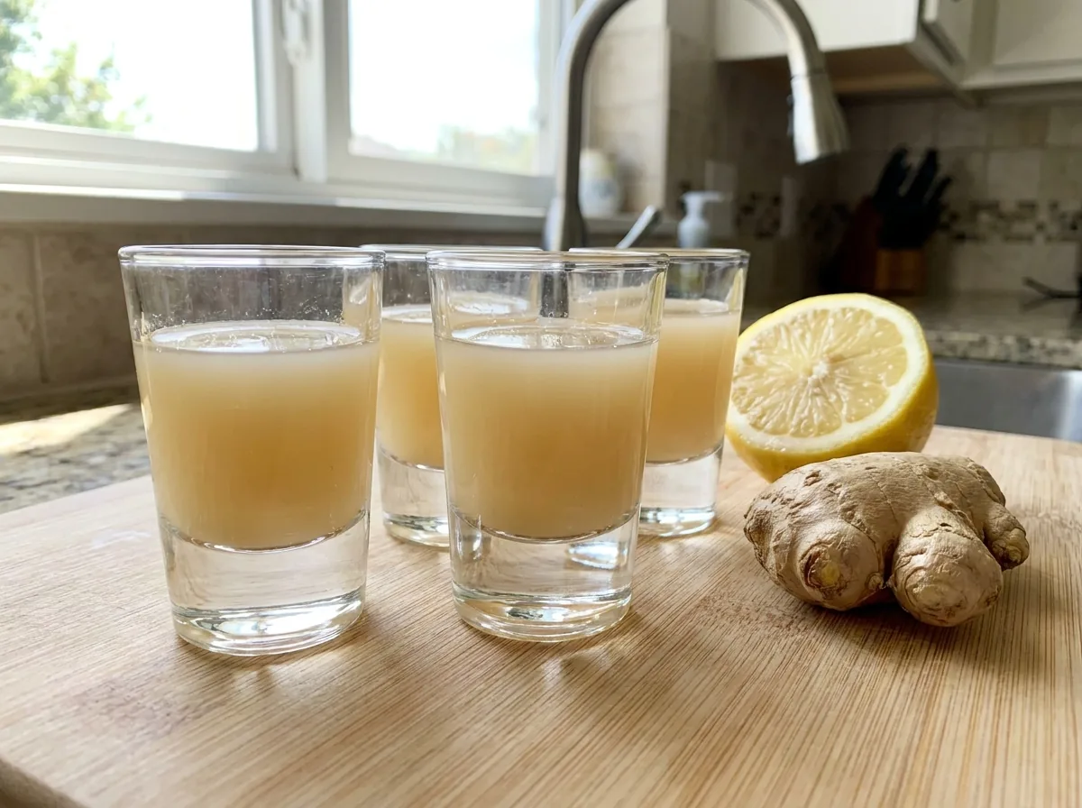Small glasses of cloudy golden ginger shots with a halved lemon and fresh ginger root on a bright kitchen counter