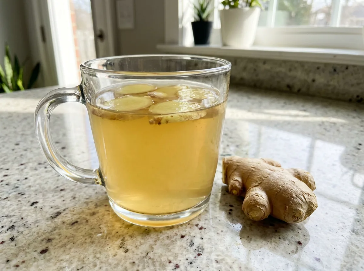 A glass mug of pale golden ginger tea with slices of fresh ginger root beside it on a bright kitchen counter