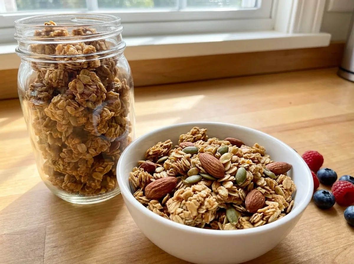 A glass jar and a bowl of golden homemade granola with nuts and seeds on a bright kitchen counter
