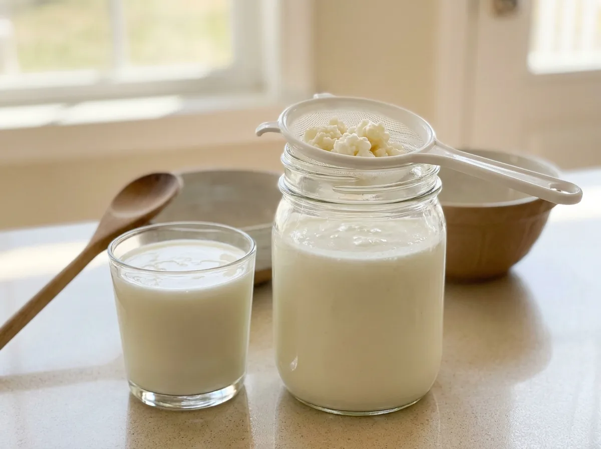 A glass jar of homemade milk kefir with a sieve of white kefir grains resting on top, beside a glass of kefir on a bright kitchen counter
