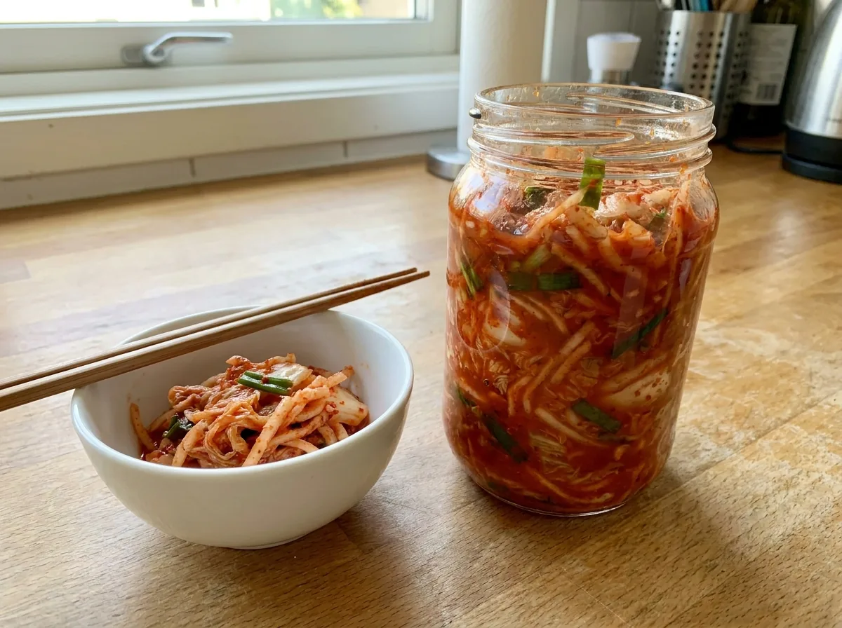 A glass jar of red homemade napa cabbage kimchi with a small bowl of kimchi beside it on a bright kitchen counter