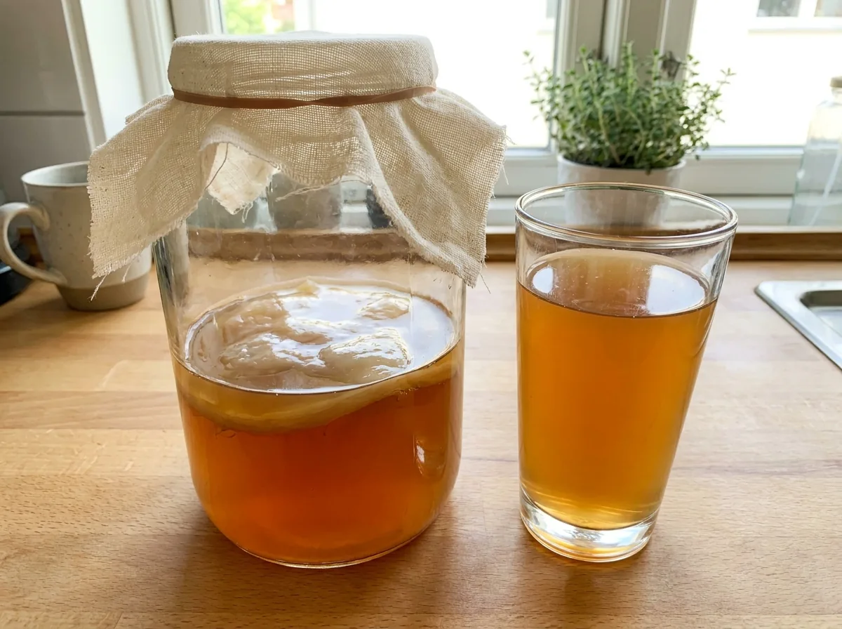 A large glass jar of homemade kombucha with a pale SCOBY on top, covered with cloth, beside a glass of amber kombucha on a bright kitchen counter