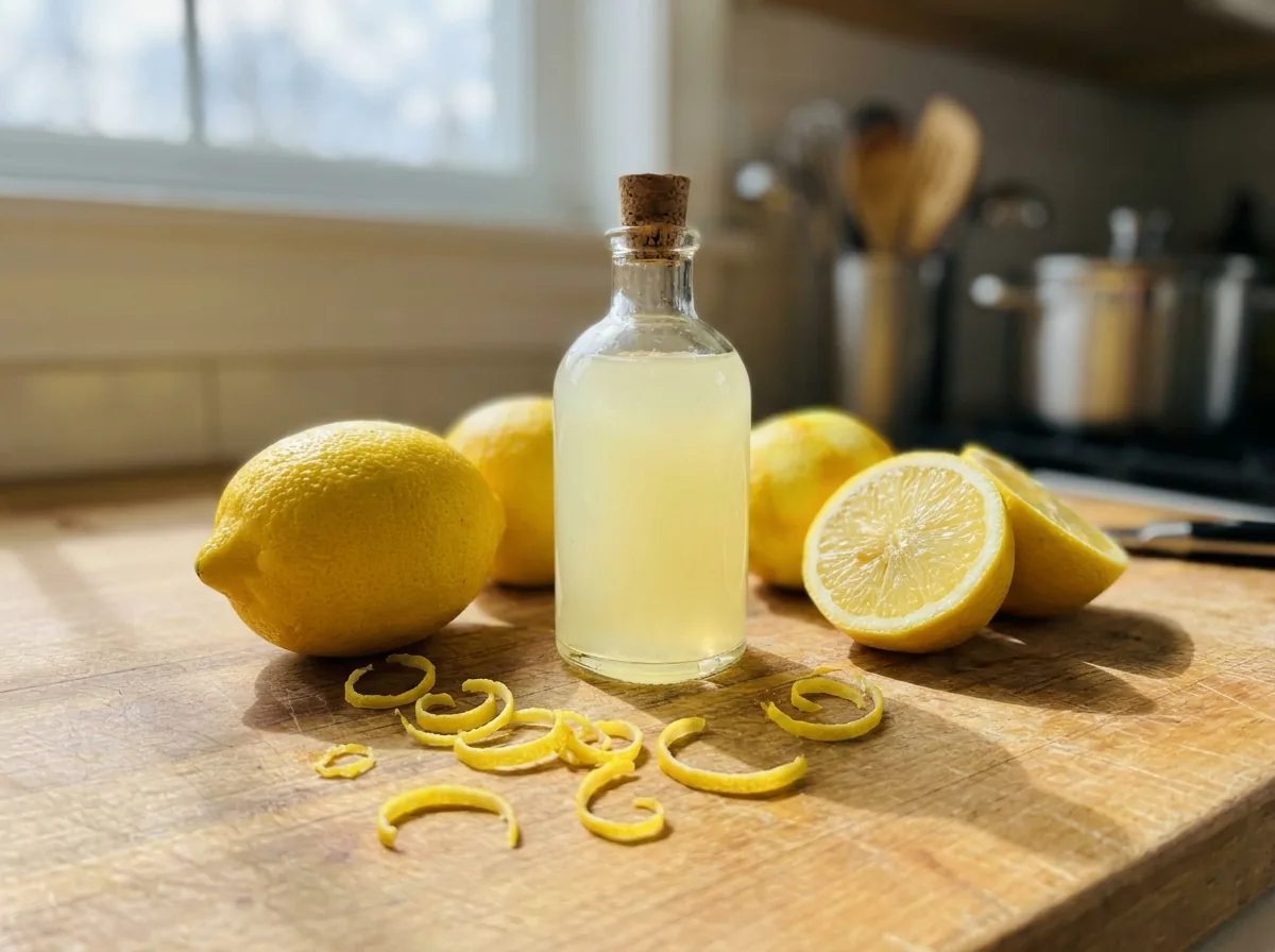 A glass bottle of pale yellow homemade lemon extract beside fresh lemons and curls of zest on a bright counter
