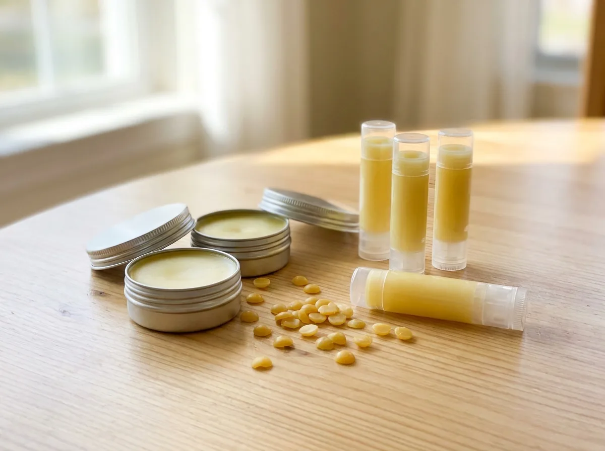 Small tins and tubes of homemade lip balm beside beeswax pellets on a bright table