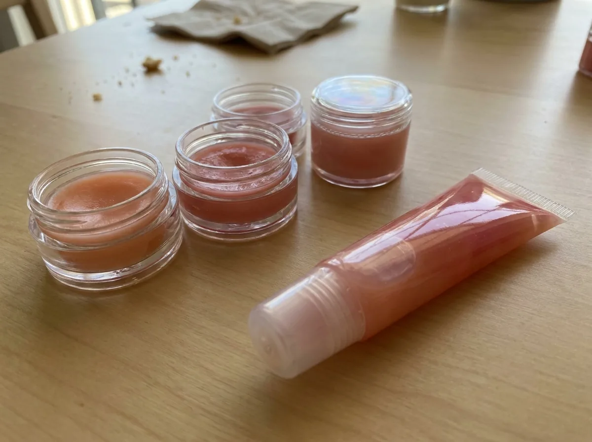 Small pots and a squeeze tube of shimmery pink homemade lip gloss on a bright table