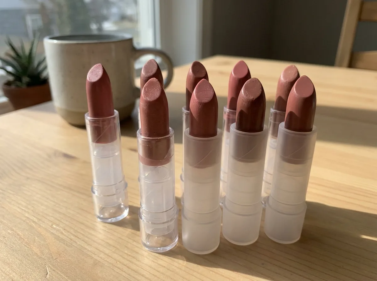 Several homemade lipsticks in soft rose and brown shades, unlabelled, on a bright table
