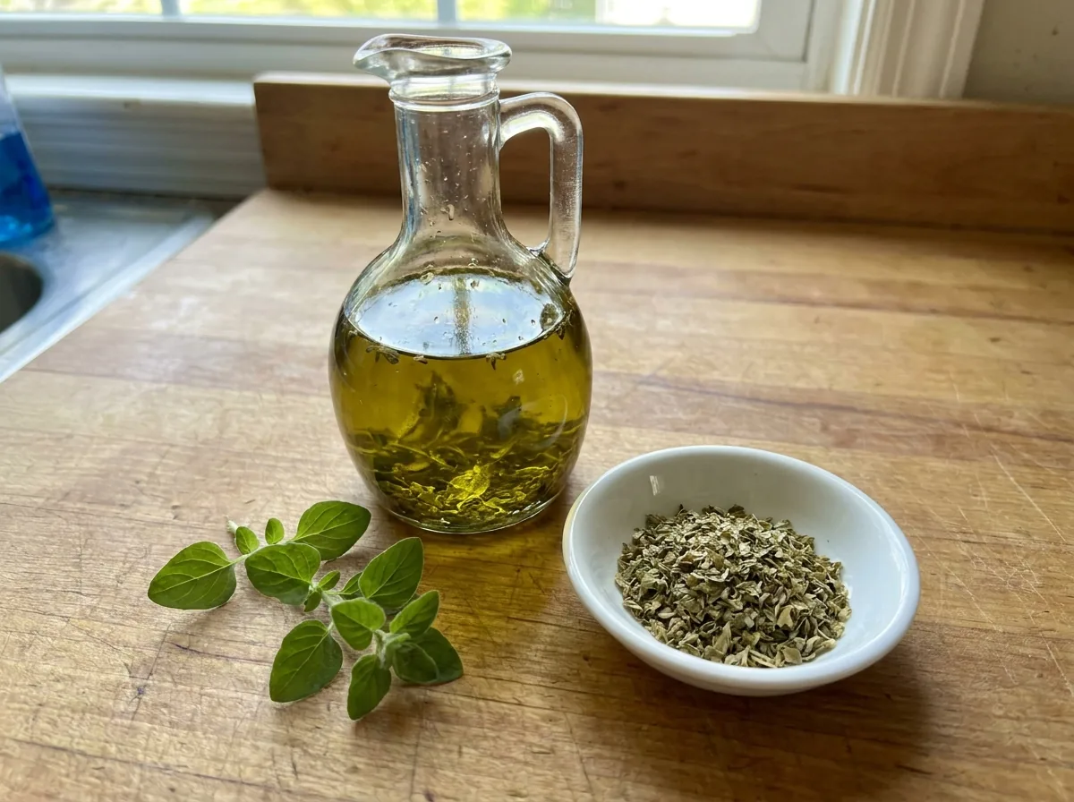 A small glass bottle of golden oregano-infused olive oil with a small bowl of dried oregano beside it on a sunny kitchen counter