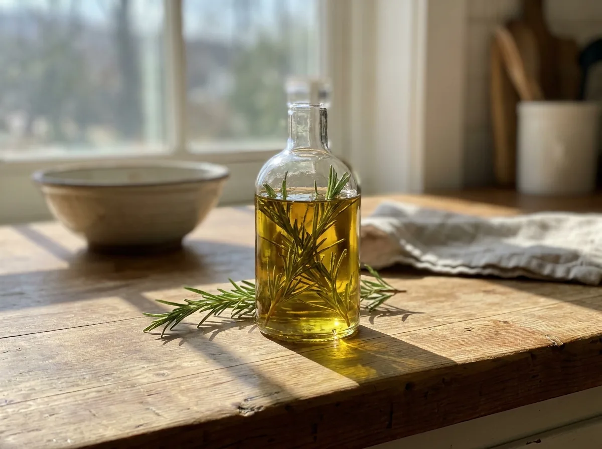 A small glass bottle of golden rosemary-infused oil with fresh rosemary sprigs beside it on a sunny kitchen counter