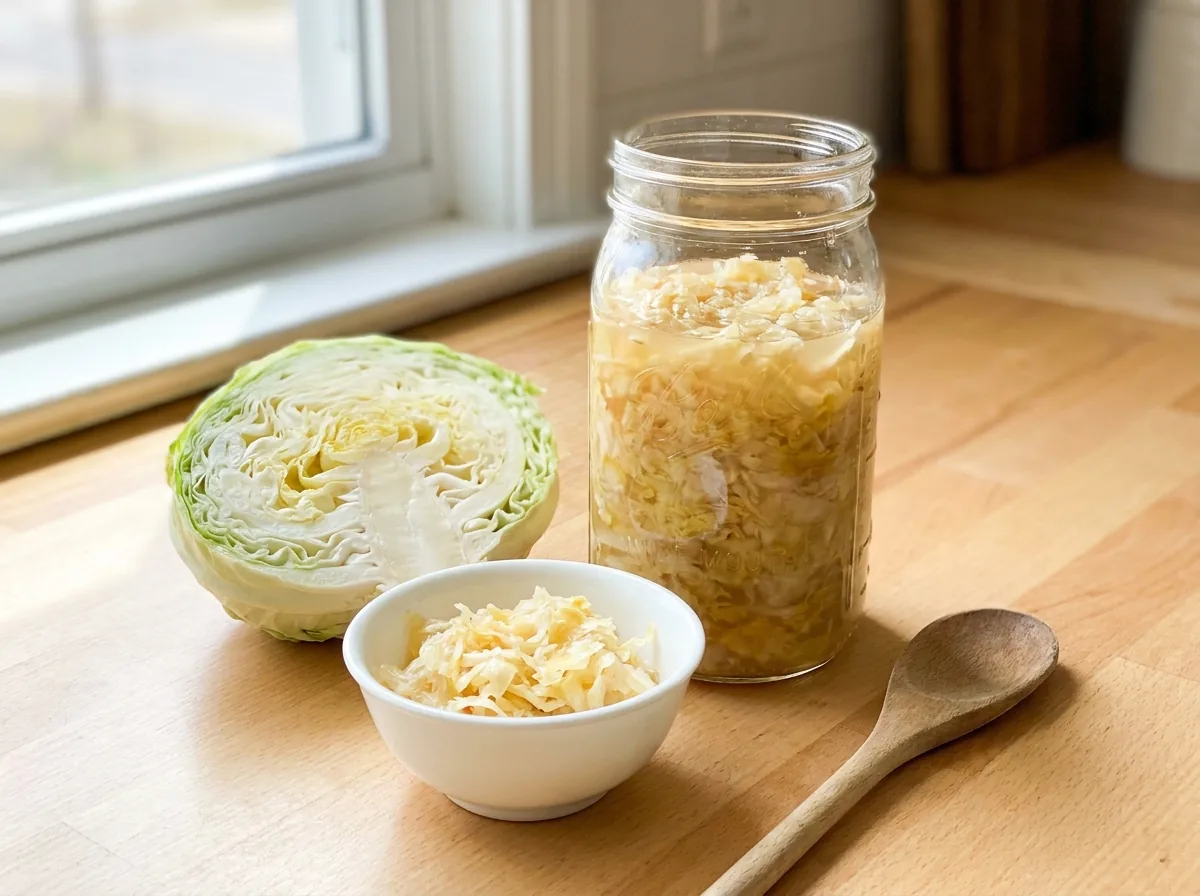 A glass jar of pale golden homemade sauerkraut with a small bowl of sauerkraut beside it on a bright kitchen counter