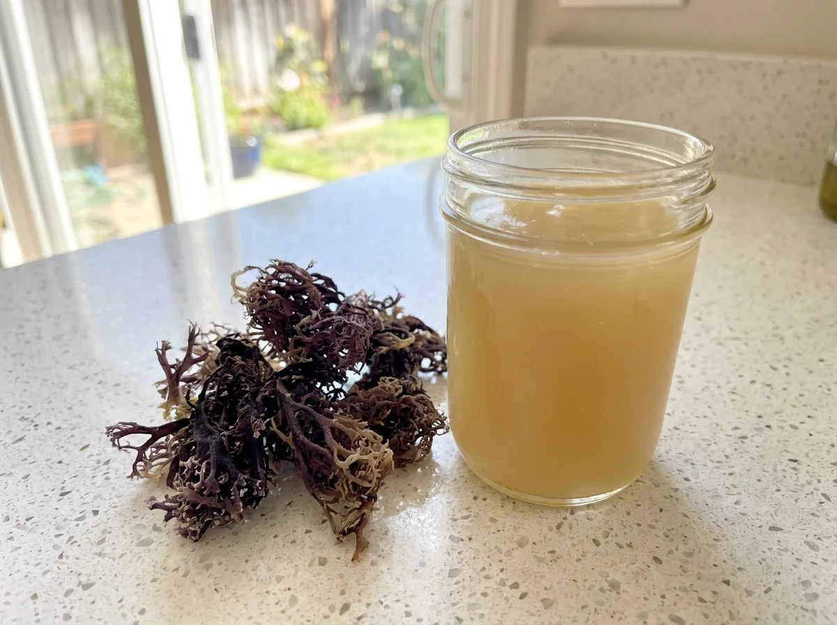 A glass jar of pale homemade sea moss gel with a little dried sea moss beside it on a bright kitchen counter
