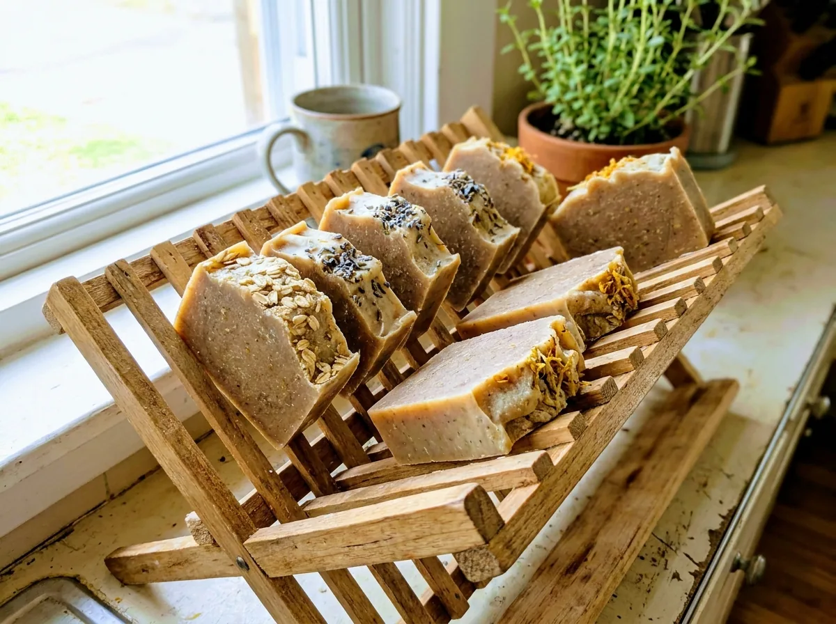 Bars of homemade cold-process soap cut and curing on a wooden rack in a sunny kitchen