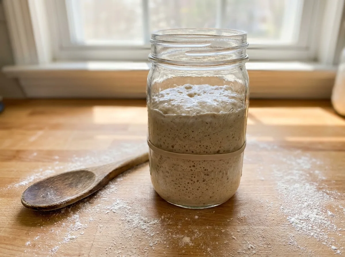 A glass jar of bubbly homemade sourdough starter that has risen above a rubber band, on a bright kitchen counter