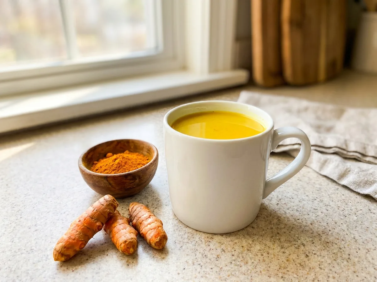 A mug of bright golden turmeric tea with a small bowl of ground turmeric and fresh turmeric root on a bright kitchen counter