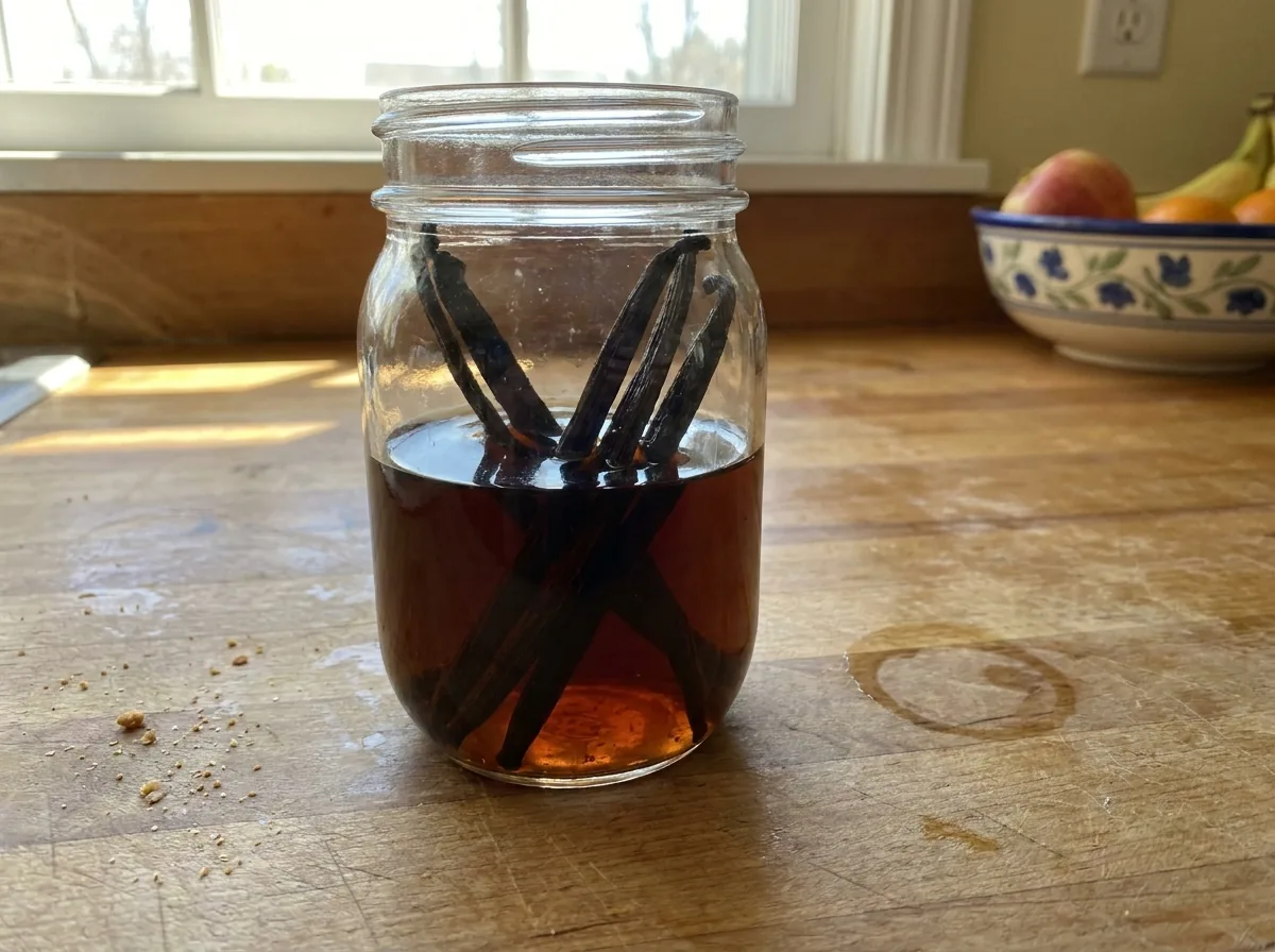 A glass jar of homemade vanilla extract with split vanilla pods beside it on a bright kitchen counter