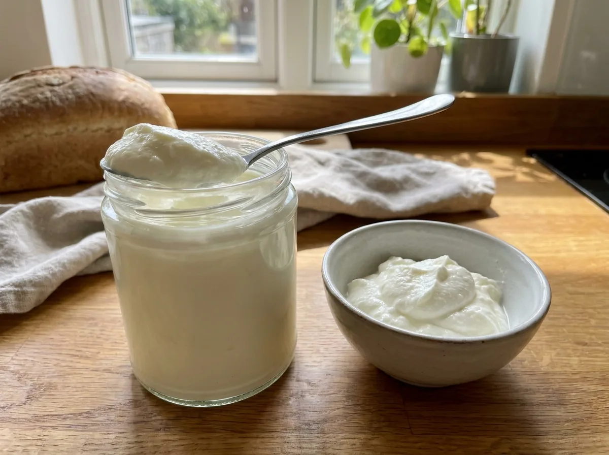 A glass jar of thick homemade yoghurt with a spoon lifting a creamy scoop, beside a small bowl of strained Greek-style yoghurt on a bright kitchen counter