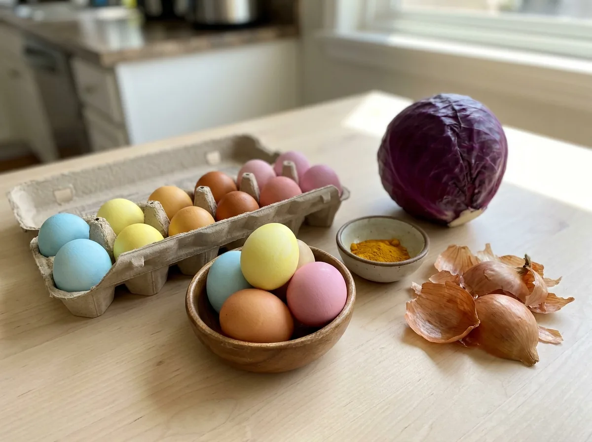 Blue, yellow, orange and pink naturally dyed Easter eggs in a wooden bowl beside red cabbage, turmeric and onion skins