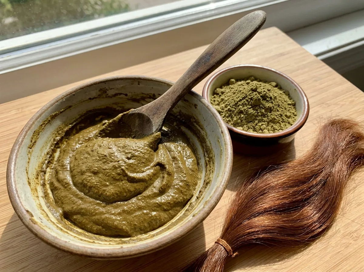 Glossy auburn hair beside a small bowl of henna paste and a bowl of green henna powder on a sunny table