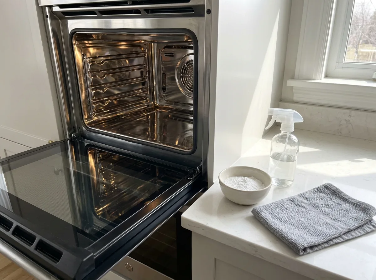 A clean oven interior with the door open beside a bowl of baking soda and a spray bottle on a bright kitchen counter