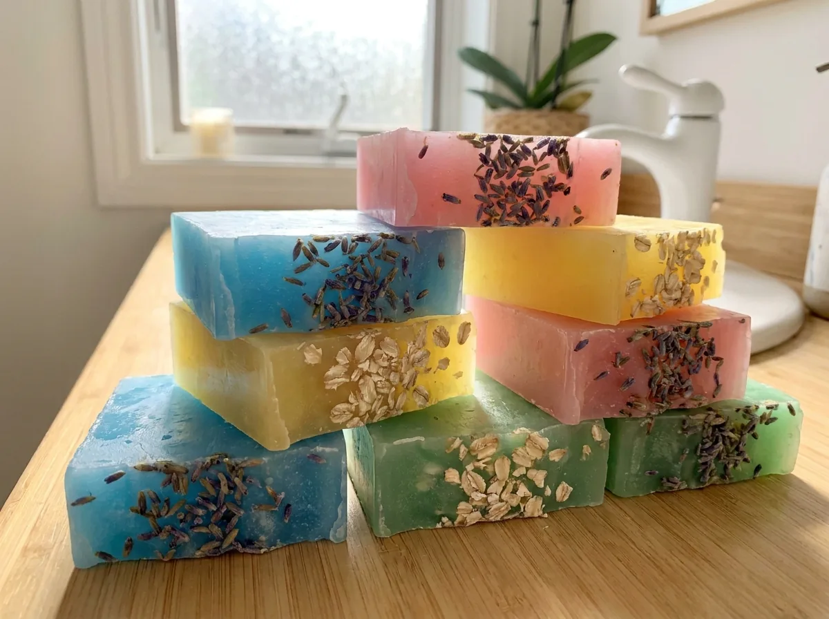 Colourful melt-and-pour soap bars with dried lavender and oats on a bright bathroom counter