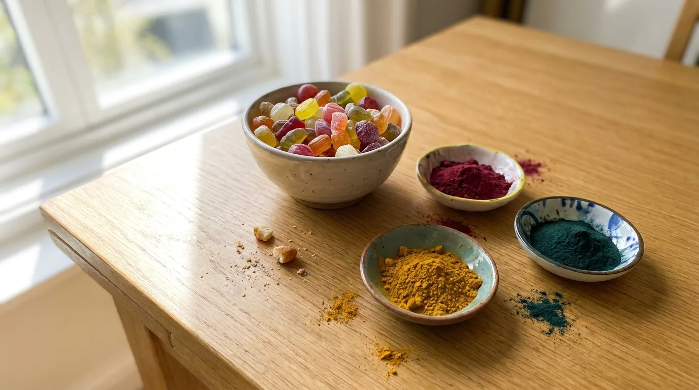 Brightly coloured sweets beside beetroot, turmeric and spirulina powders