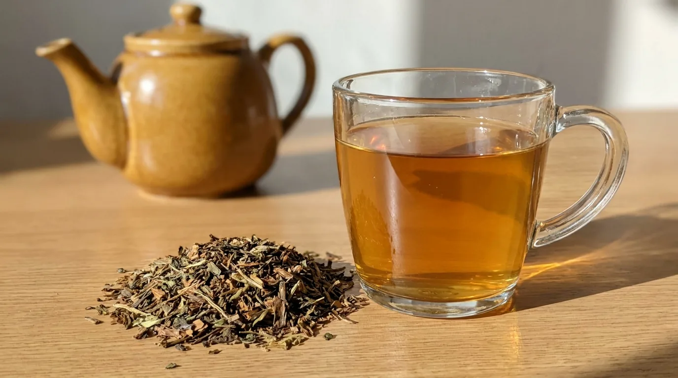 A cup of herbal tea beside loose dried tea leaves