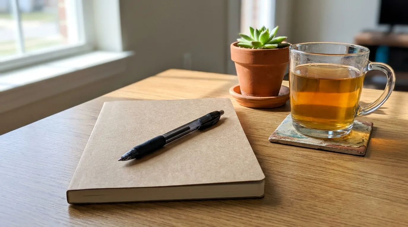 A closed notebook and a pen beside a cup of herbal tea