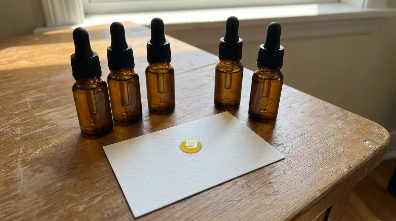 Several small amber essential oil bottles on a table
