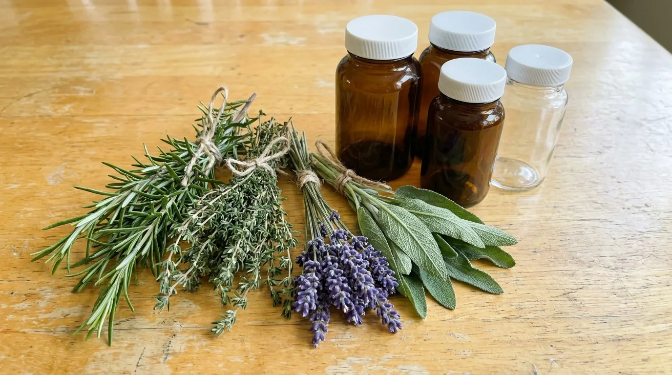 Bunches of dried herbs beside plain supplement bottles on a table