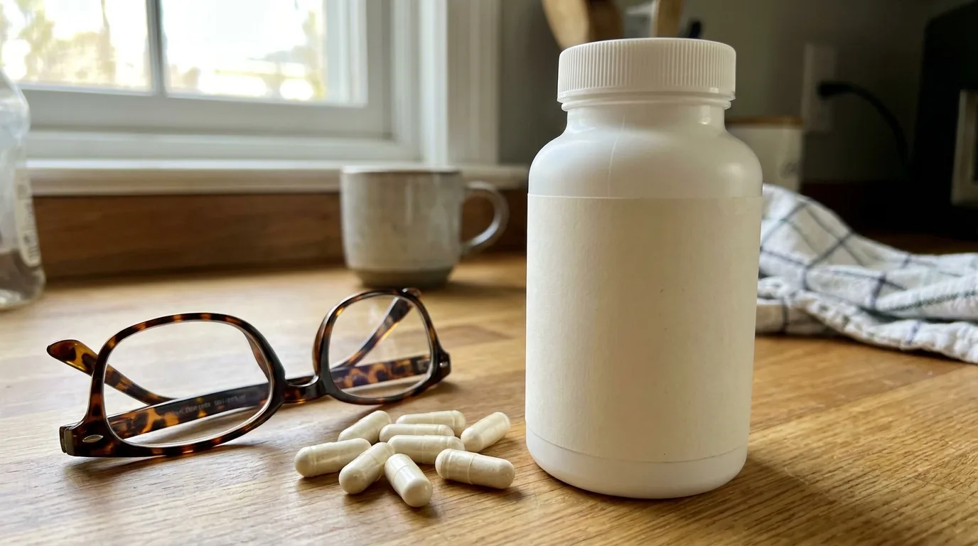 A supplement bottle on a kitchen counter next to reading glasses