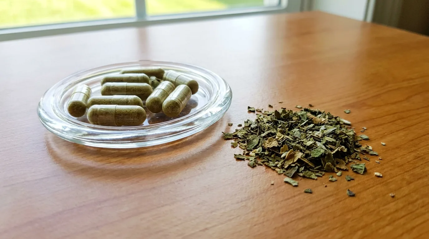 Capsules in a glass dish beside dried herbs