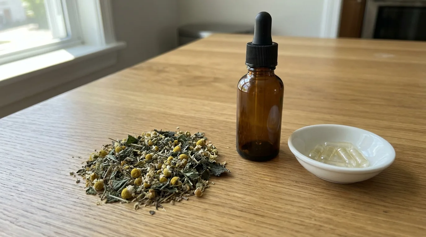 Loose herbs, a tincture bottle and capsules side by side