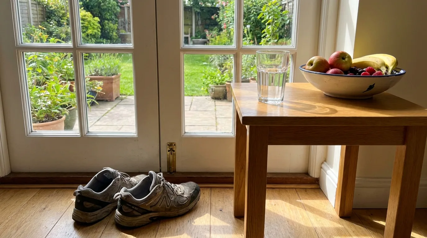 Walking shoes, a water bottle and a bowl of fruit by a sunny window
